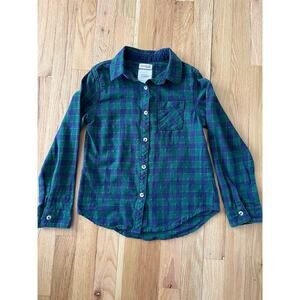 Cat & Jack Blue Green Plaid Check Gold Thread Button Down Holiday (size YM 7/8)